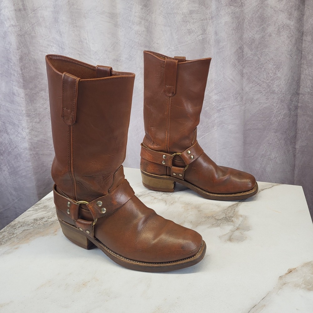 Double H Size 9 D Classic Square Toe Harness Moto Biker Boots Men's Brown Tan